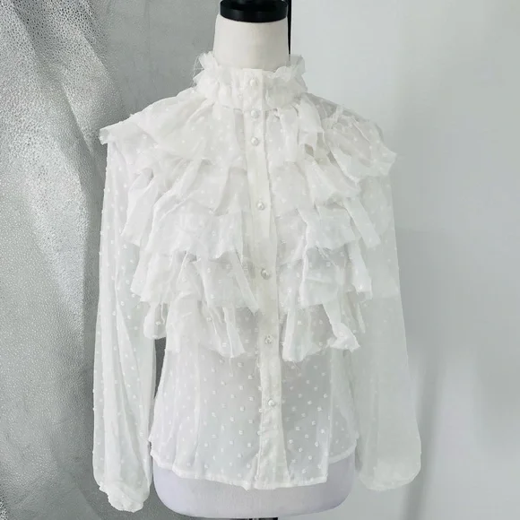 White Polka Dot Long Sleeve High Neck Ruffle Blouse Top - Picture 8 of 15